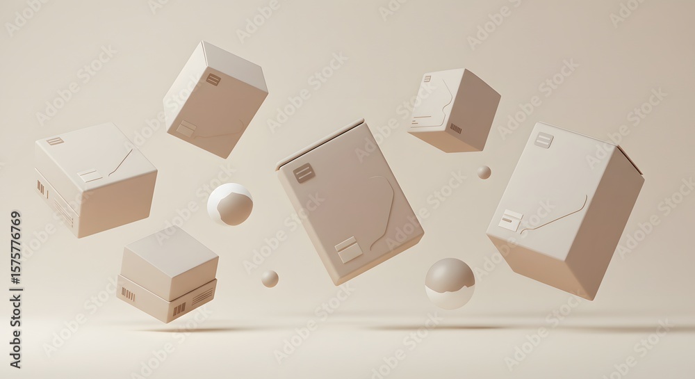 Fototapeta premium Floating minimalist beige product packaging boxes and spheres in a clean studio. Modern design concept for branding and e-commerce.