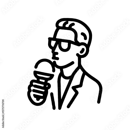 A man with glasses holding a microphone, drawn in minimalist line art style on white background, representing interview or journalism concept