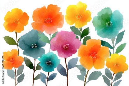 Floral Symphony: An artful array of vibrant watercolor blossoms. Radiating joy, perfect for any creative project.