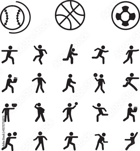 Sports icons including baseball basketball and figures in motion lifebuoy running