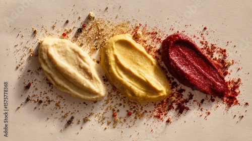 Three sauces smeared in a row with scattered ground spices and peppercorns on beige background. Studio food composition. Design for packaging, cookbook layout and culinary branding
