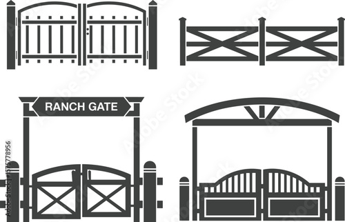 Ranch gate silhouette vector set, wooden and metal entrance gates, farm fence icon collection, driveway security design elements, isolated on white