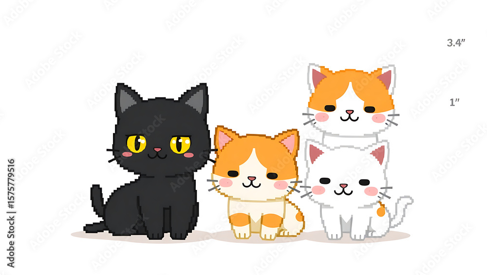 Obraz premium a group of four cute cartoon cats with different fur patterns and expressions, standing in front of a height measurement chart, illustrating sizes from 3 inches to 5 inches, 4K and HD image.