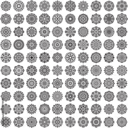 Set of 100 detailed black round mandala illustrations with ornamental symmetry and abstract linework