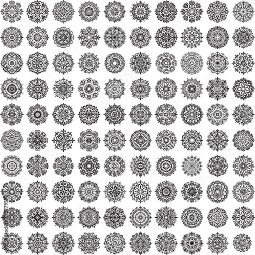 Collection of 100 black circular mandala patterns showcasing intricate silhouette artwork and ethnic decorative styles