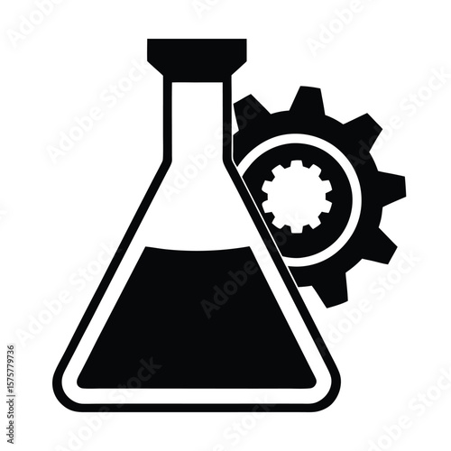 conical flask with gear icon, vector symbol for scientific innovation, chemical engineering, and lab automation