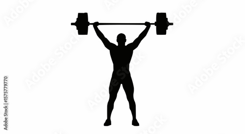 Silhouette of a Weightlifter Lifting Barbell Overhead – Vector Illustration on White