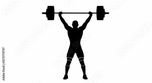 Silhouette of a Weightlifter Lifting Barbell Overhead – Vector Illustration on White