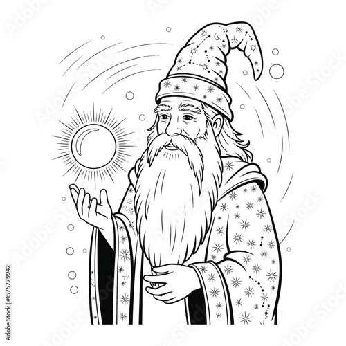 Black and white line art of wise wizard with starry beard, celestial robe, and crystal ball in galaxy background