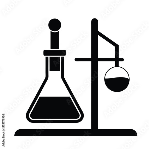laboratory flask with stand icon, vector symbol for scientific experiments, chemical heating, and lab apparatus setup