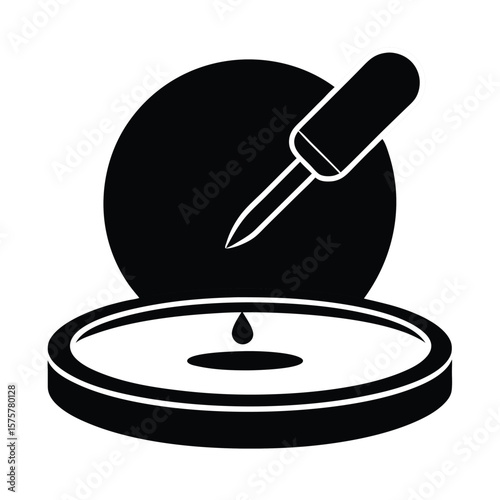 petri dish with dropper icon, vector symbol for lab sampling, chemical testing, and microbiological research