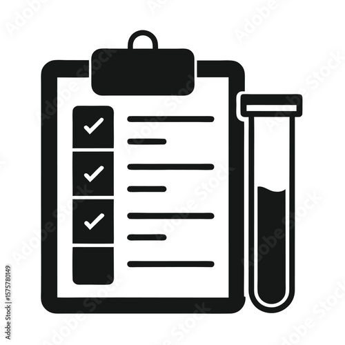 medical checklist and test tube icon, silhouette vector symbol for lab diagnostics, healthcare procedures, and clinical testing