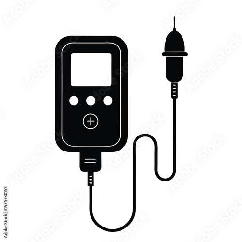 solid black pH meter icon, vector symbol with probe for chemical analysis, lab testing, and solution monitoring