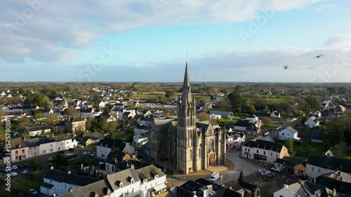 Beautiful aerial footage of the Missillac commune in France, church, 4k