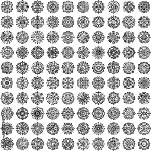 Collection of 100 round black mandala shapes with complex decorative patterns and minimalist silhouette style