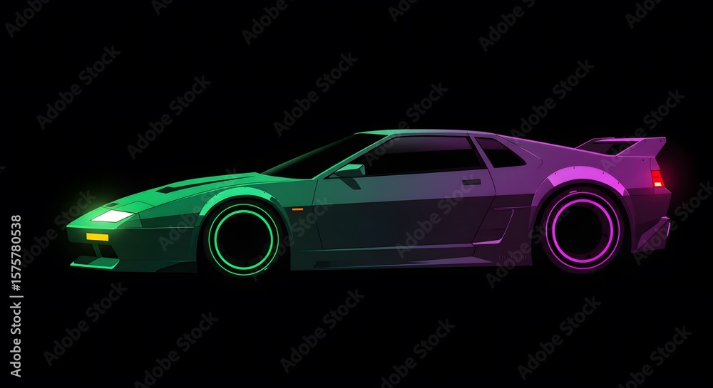 Naklejka premium Retro futuristic sports car, vibrant neon colors, side profile.