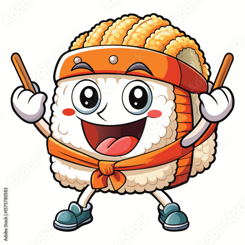 Cute sushi character with happy expression, holding chopsticks, wearing orange headband and scarf, with light teal shoes