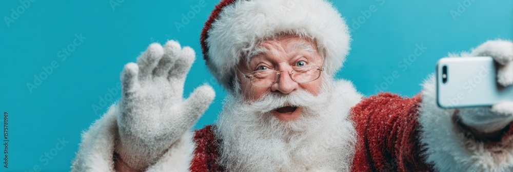 Obraz premium Santa Claus takes a cheerful selfie against a bright blue background during the holiday season