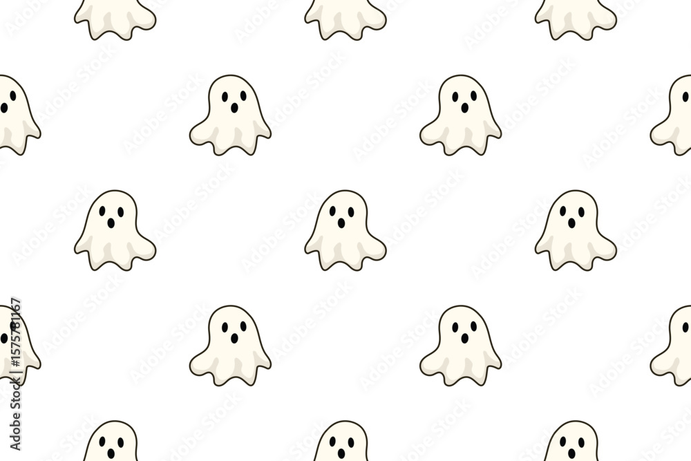 Fototapeta premium Seamless pattern with cute and spooky ghosts perfect for Halloween-themed designs, backgrounds, textiles, wrapping paper, and festive decorations in vector style. Isolated transparent backgraund