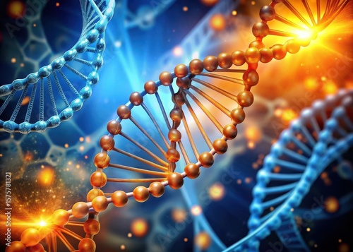Detailed illustration of a glowing DNA molecule's twisted structure with vibrant orange and blue hues