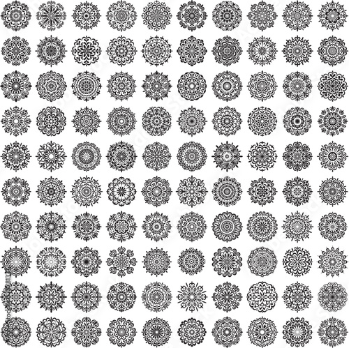 Bundle of 100 black round mandala vectors with ornate decorative symmetry and clean silhouette design elements