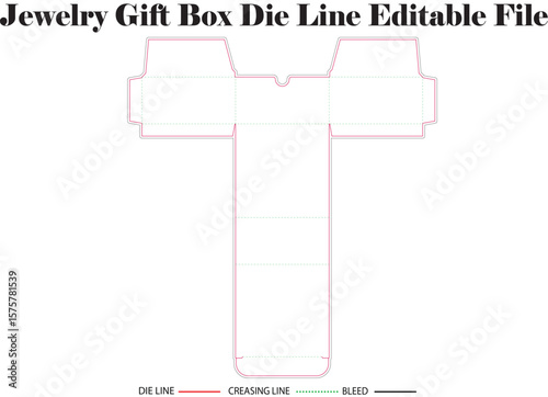 Jewelry gift box die line editable file template for packaging design and manufacturing with creasing and bleed lines for customization