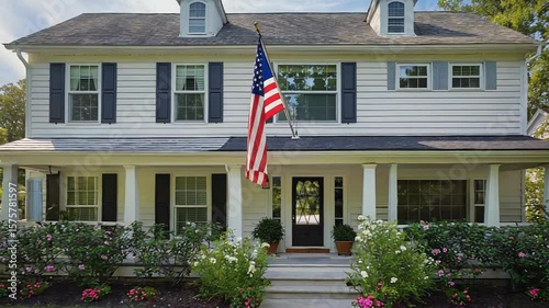 Classic american home with waving flag and lush garden