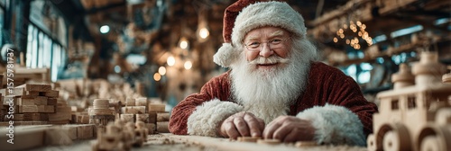 Santa Claus crafts wooden toys in a bustling workshop during the holiday season surrounded by festive decorations