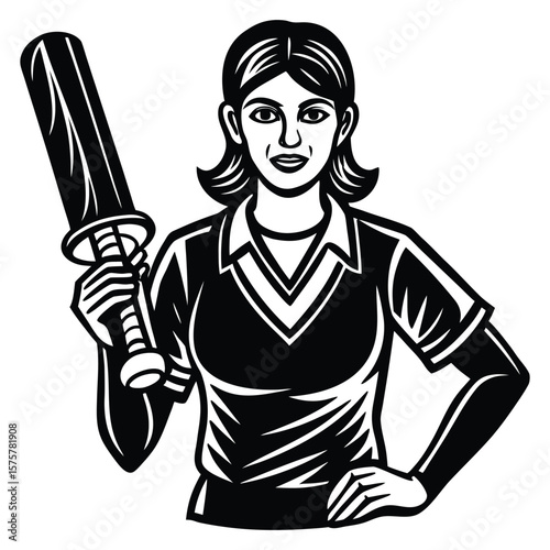 A determined female cricket player stands confidently, holding a bat and wearing her teams uniform, ready for the game in a dynamic black and white illustration