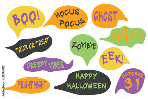Set of Halloween-themed multicolored speech bubble stickers with phrases like "Boo," "Trick or treat," "Happy Halloween," "October 31," "Hocus Pocus," and more in fun, spooky style.