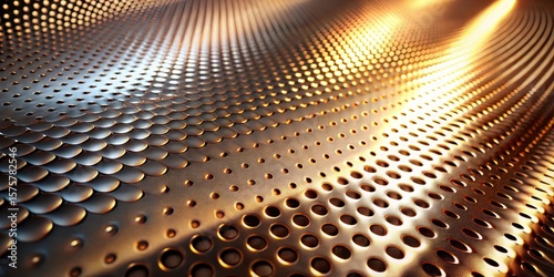 Abstract Metallic Surface with Dimpled and Perforated Texture Showing a Wave Pattern in Warm Golden Hues