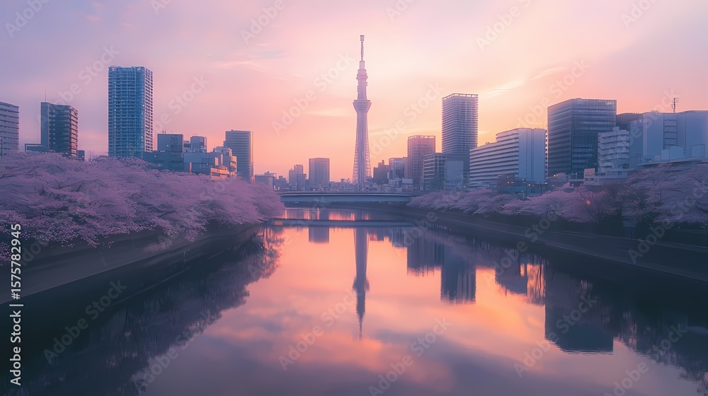 Fototapeta premium A tranquil cityscape at dawn, reflecting in a calm river, with blossoming cherry trees lining the banks.