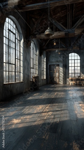 Industrial interior with large windows and wooden flooring in a spacious loft setting during early morning light