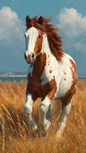 Brown and white horse running swiftly through tall golden grass with a clear blue sky overhead