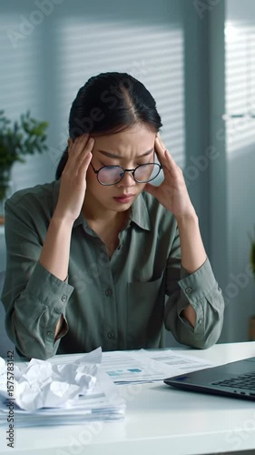 young adult, early twenties, in round glasses and muted green shirt, hunched at a cluttered minimalist office desk, eyes closed, rubbing temples. Soft natural light, blurred modern office background.