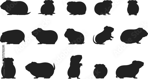Guinea pig silhouette set, black rodent clipart collection, isolated pet vector elements, cute animal shapes, cartoon pig icons, white background bundle