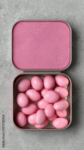 Sweet and colorful candy in a pink tin box, perfectly displayed against a textured gray surface