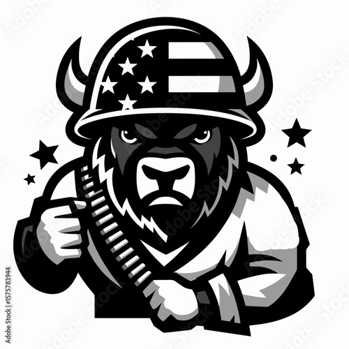 A Bison wear american flag print soldier helmet. Independence Day 4th of July Patriotic Usa America Vector Clipart. Bull sporting stars and stripe design combat headgear for protector image.