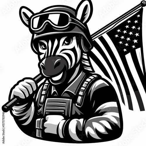 A Zebra wear american flag print soldier helmet. Independence Day 4th of July Patriotic Usa America Vector Clipart. Striped horse with banner pattern army headgear wildlife decor.