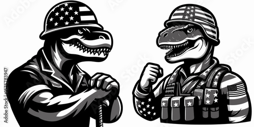 A T rex wear american flag print soldier helmet. Independence Day 4th of July Patriotic Usa America Vector Clipart. Dino with banner image on army headgear dinosaur head covering.