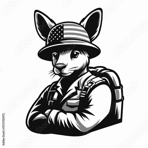 A Kangaroo wear american flag print soldier helmet. Independence Day 4th of July Patriotic Usa America Vector Clipart. Australian marsupial in stars and stripes trooper head covering design.