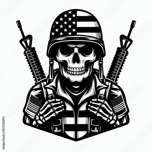 A skeleton wear american flag print soldier helmet. Independence Day 4th of July Patriotic Usa America Vector Clipart. Bony figure in headgear us banner design armed forces protection.