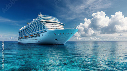 Large cruise ship on the high seas under blue sky with clouds. Suitable for travel and vacation articles.