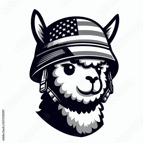 A Alpaca wear american flag print soldier helmet. Independence Day 4th of July Patriotic Usa America Vector Clipart. Cute in stars and stripes headgear for armed forces patriot theme.