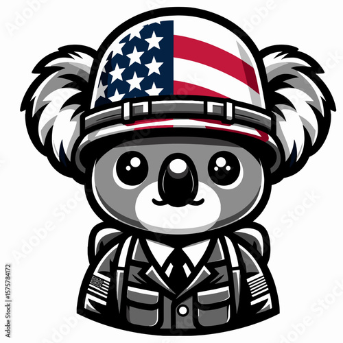 A Koala wear american flag print soldier helmet. Independence Day 4th of July Patriotic Usa America Vector Clipart. Bear in uniform headgear with banner design military covering.