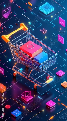 3D rendering of shopping cart with colorful elements on digital web background. Useful for articles about digital technology, e-commerce and retail innovation.