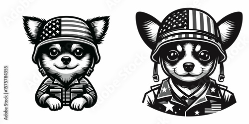 A Chihuahua Dog wear american flag print soldier helmet. Independence Day 4th of July Patriotic Usa America Vector Clipart. Tiny canine in stars and stripes headgear pup with battle.