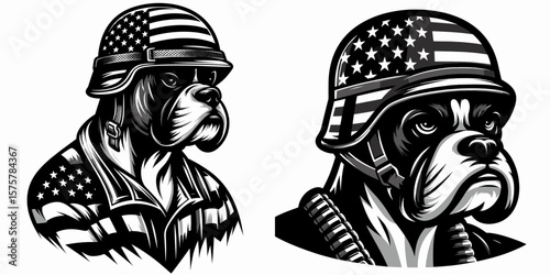 A Boxer Dog wear american flag print soldier helmet. Independence Day 4th of July Patriotic Usa America Vector Clipart. Canine in army headgear with banner design pet theme.