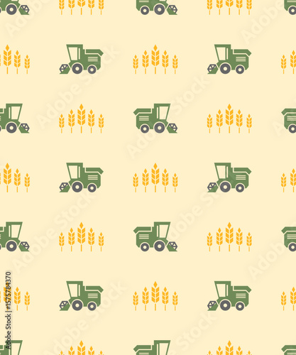 Combine Harvester & Wheat Seamless Vector Pattern – Harvest Background