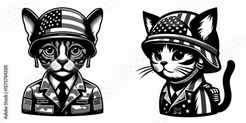 A Devon Rex Cat wear american flag print soldier helmet. Independence Day 4th of July Patriotic Usa America Vector Clipart. Curly feline with national banner design trooper headgear.